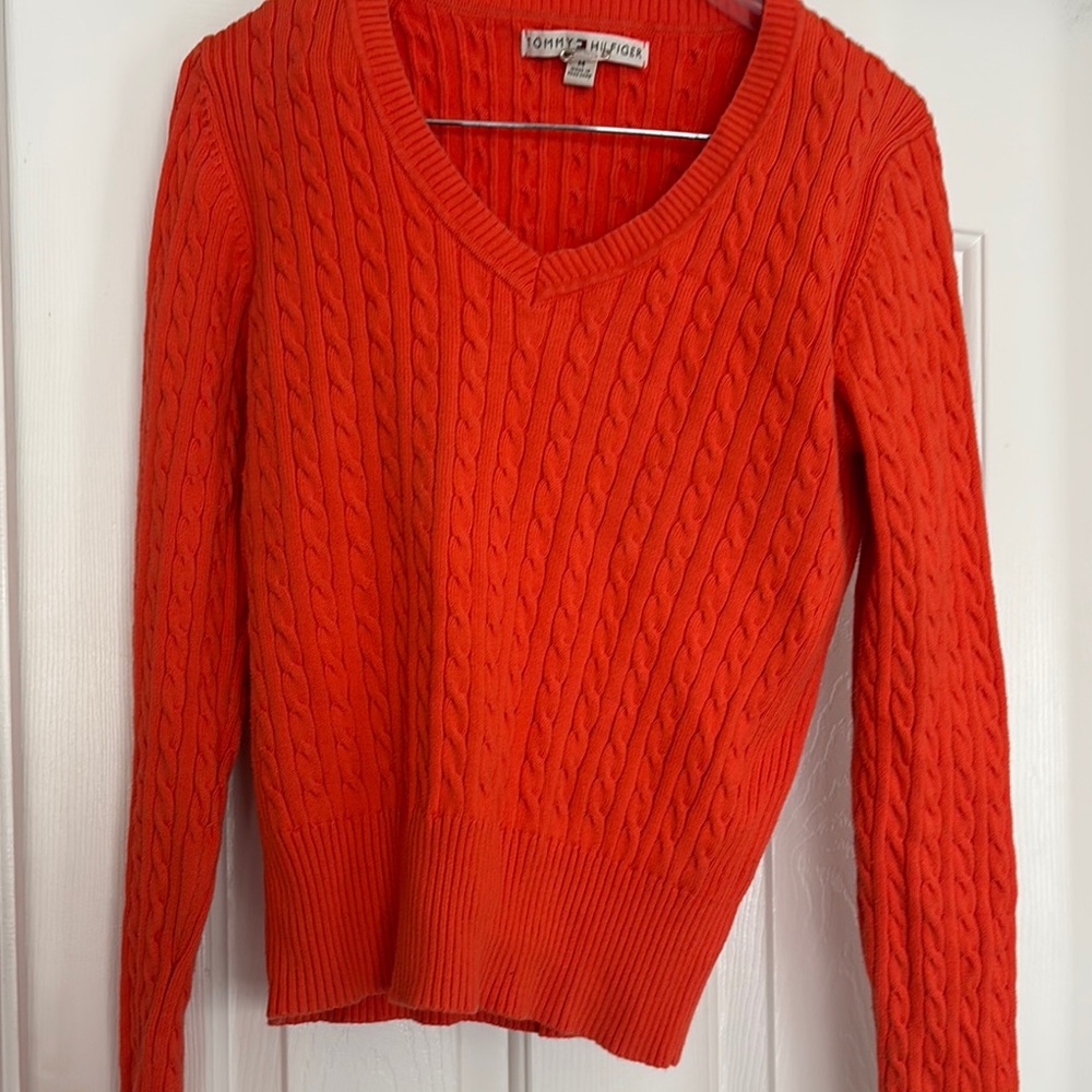 Tommy Hilfiger Women’s Red Cable Knit V-Neck Sweater